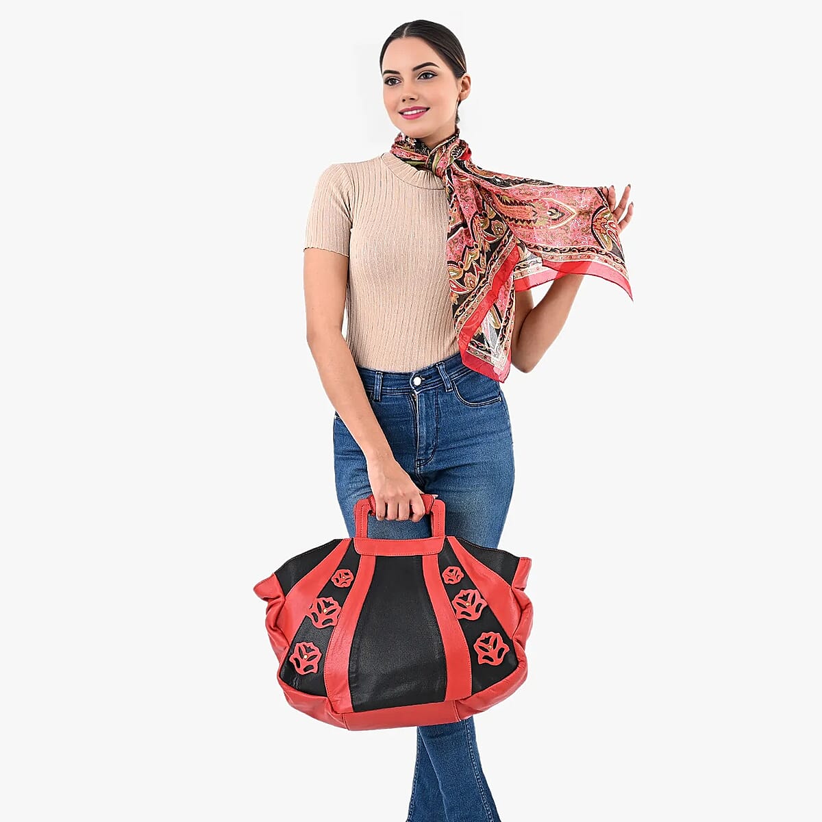 LA MAREY Black 100% Genuine Leather Tote Bag with Silk Scarf image number 2