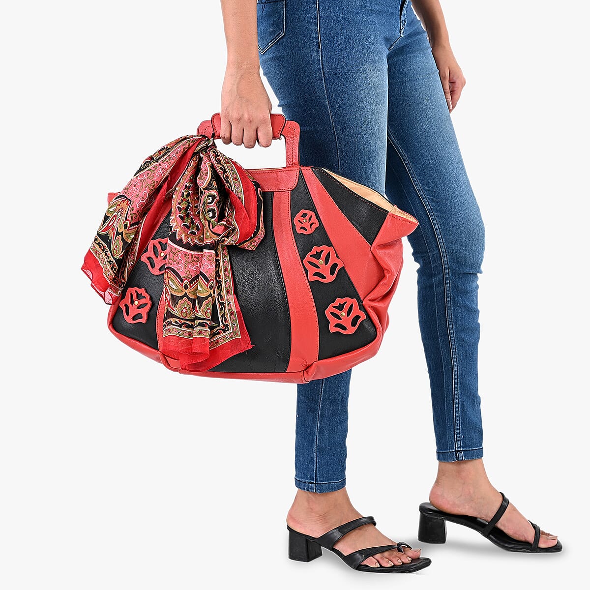 LA MAREY Black 100% Genuine Leather Tote Bag with Silk Scarf image number 3