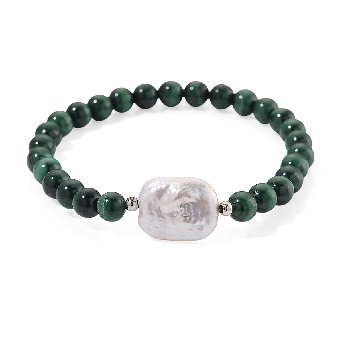 African Malachite 70.00 ctw and White Shell Pearl Beaded Stretch Bracelet image number 0