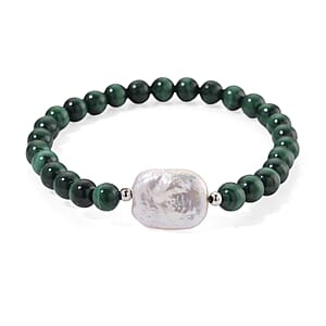 African Malachite 70.00 ctw and White Shell Pearl Beaded Stretch Bracelet