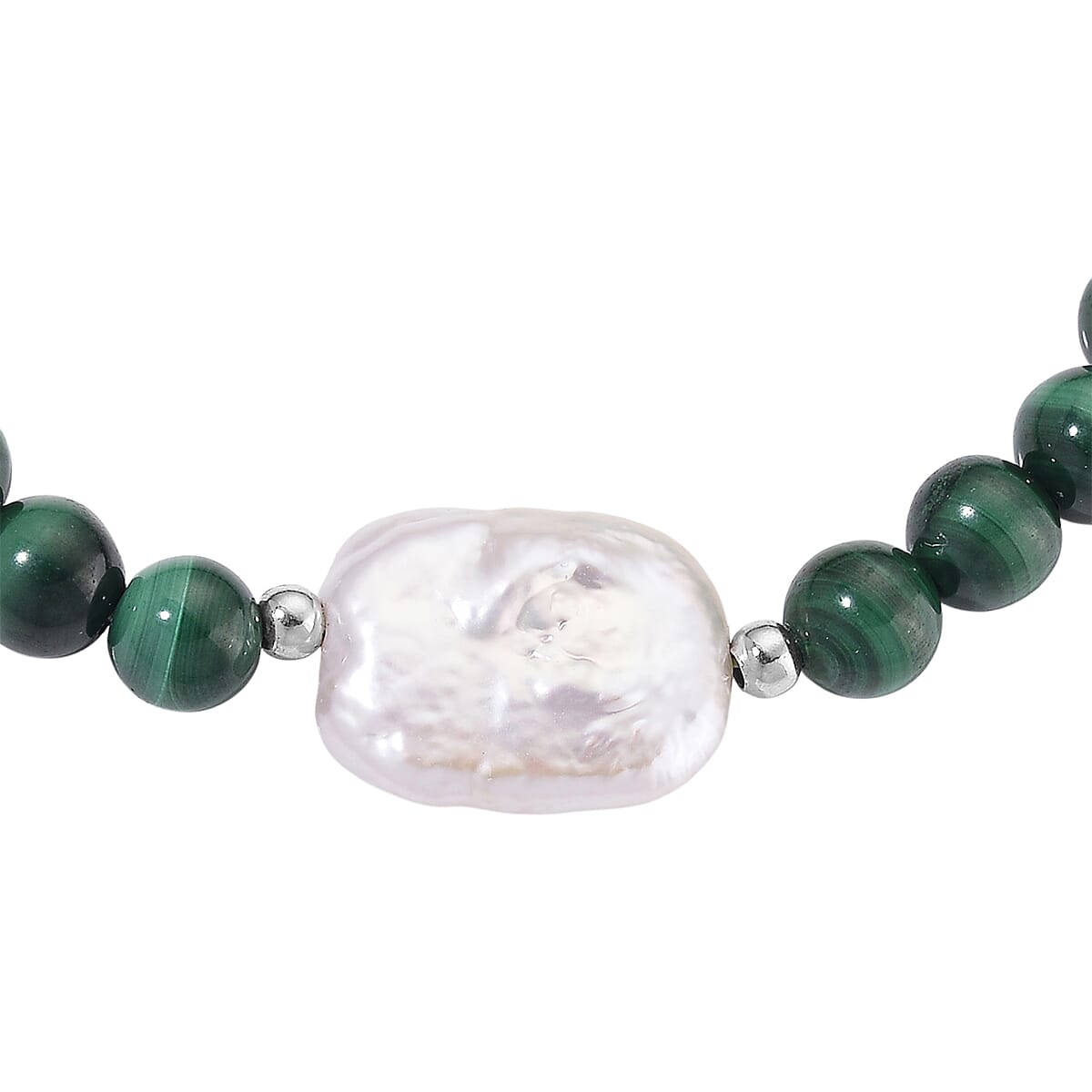 African Malachite 70.00 ctw and White Shell Pearl Beaded Stretch Bracelet image number 3