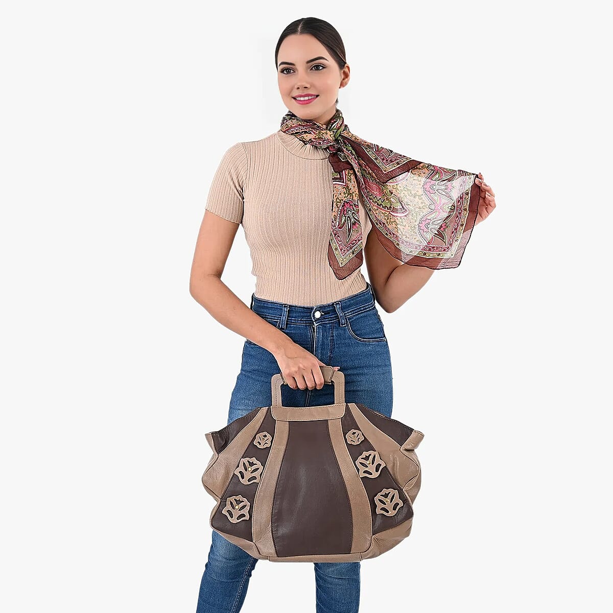 LA MAREY Brown 100% Genuine Leather Tote Bag with Silk Scarf  image number 1