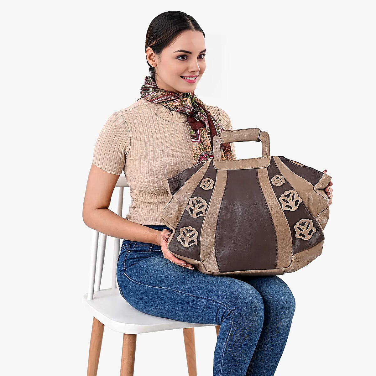 LA MAREY Brown 100% Genuine Leather Tote Bag with Silk Scarf  image number 2