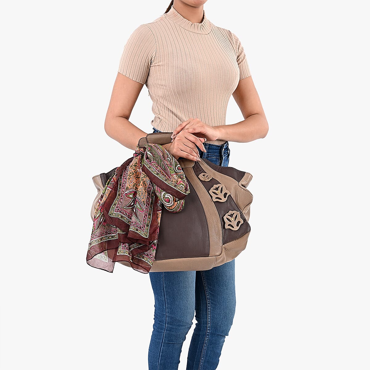 LA MAREY Brown 100% Genuine Leather Tote Bag with Silk Scarf  image number 3