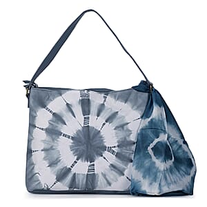 LA Marey Light Blue Genuine Leather Tote Bag with Silk Scarf