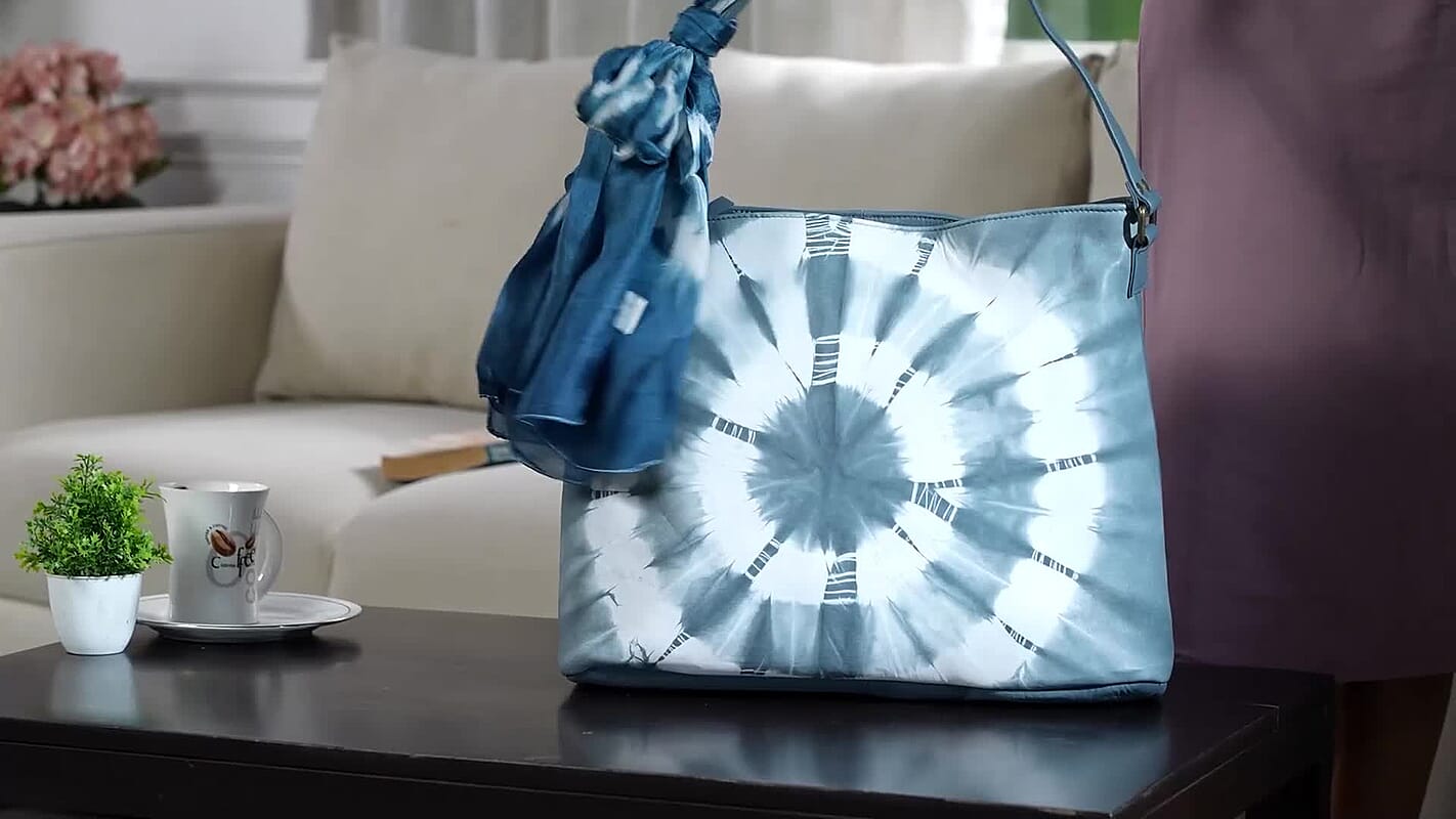 LA Marey Light Blue Genuine Leather Tote Bag (15.74"x12.20"x5.11") with Silk Scarf