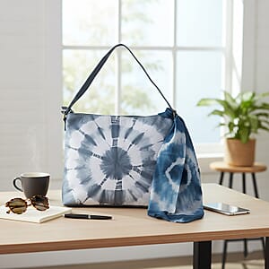 LA Marey Light Blue Genuine Leather Tote Bag with Silk Scarf