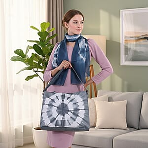 LA Marey Light Blue Genuine Leather Tote Bag with Silk Scarf