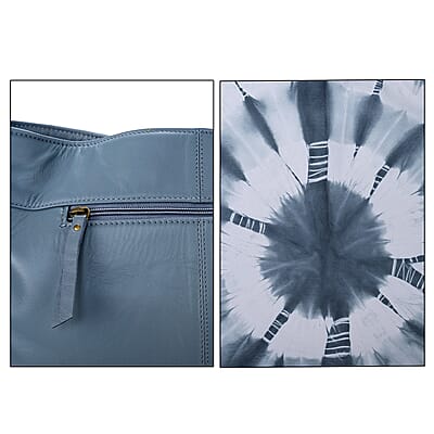 LA Marey Light Blue Genuine Leather Tote Bag with Silk Scarf