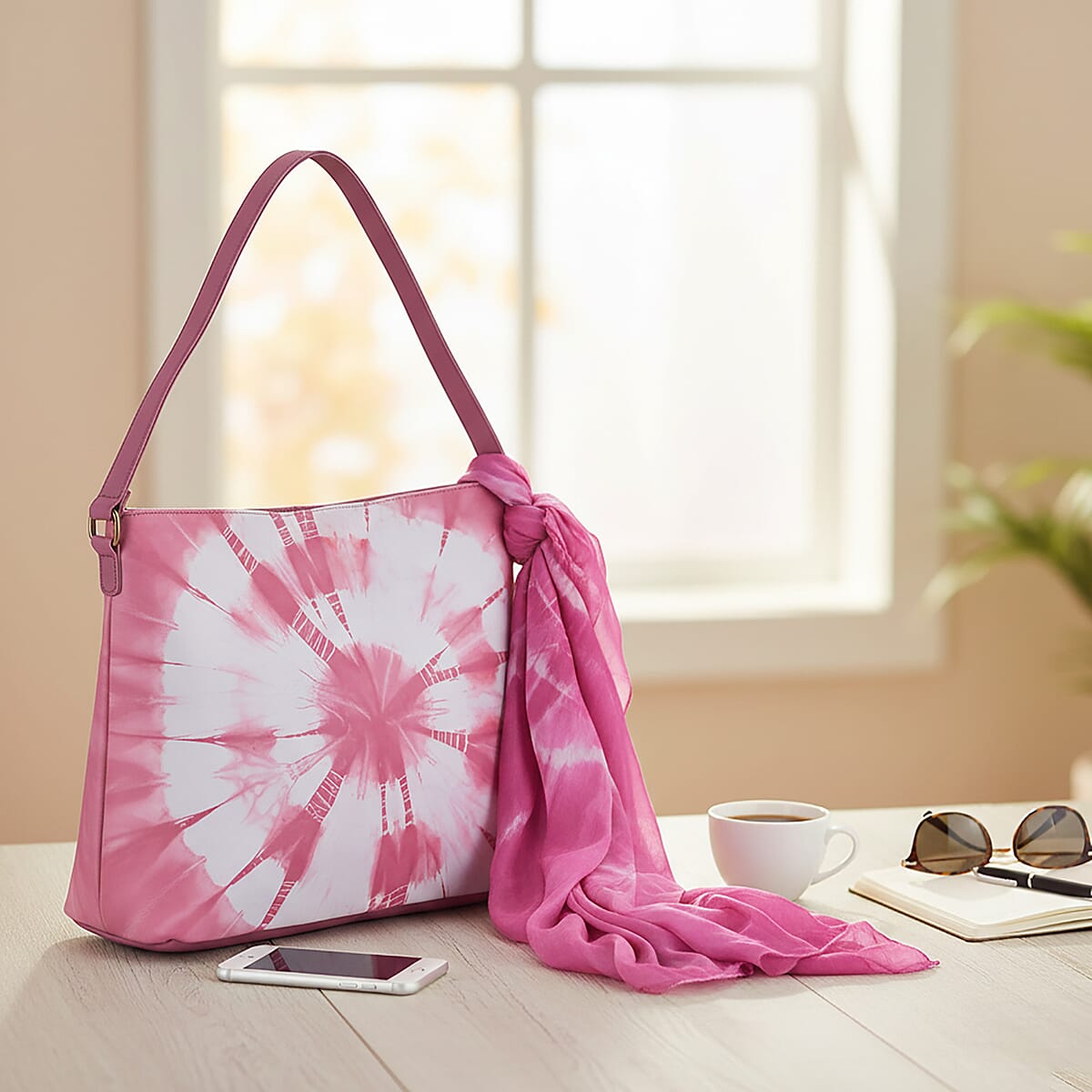 LA Marey Pink Genuine Leather Tote Bag with Silk Scarf image number 1