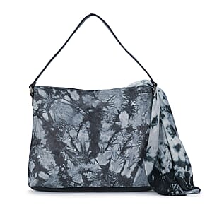 LA Marey Black Genuine Leather Tote Bag with Silk Scarf