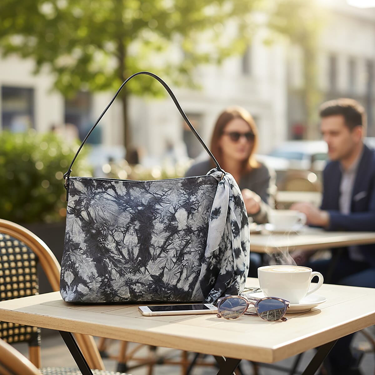 LA Marey Black Genuine Leather Tote Bag with Silk Scarf image number 1