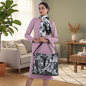 LA Marey Black Genuine Leather Tote Bag with Silk Scarf