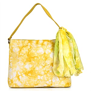 La Marey Champagne Floral Pattern Genuine Leather Tote Bag with Silk Scarf