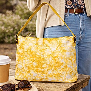 La Marey Champagne Floral Pattern Genuine Leather Tote Bag with Silk Scarf