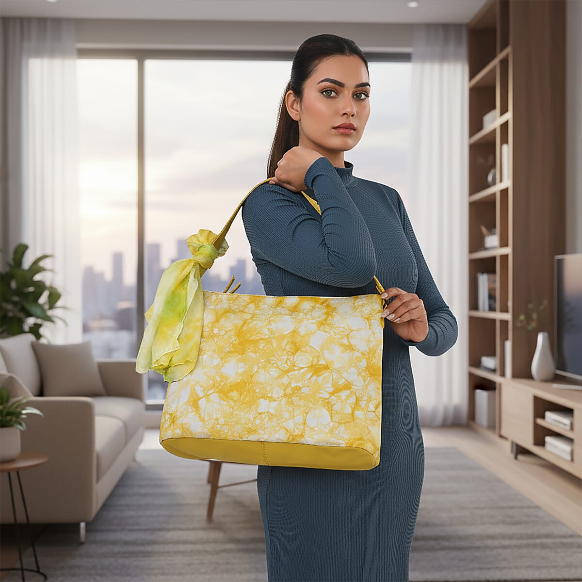 La Marey Champagne Floral Pattern Genuine Leather Tote Bag with Silk Scarf image number 2