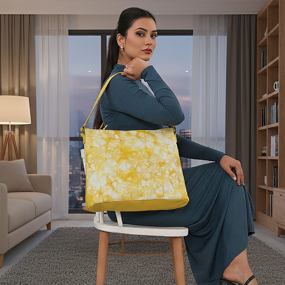 La Marey Champagne Floral Pattern Genuine Leather Tote Bag with Silk Scarf image number 3