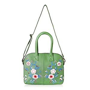 LA Marey Green Genuine Leather Embroidery Work Crossbody Bag with Silk Scarf