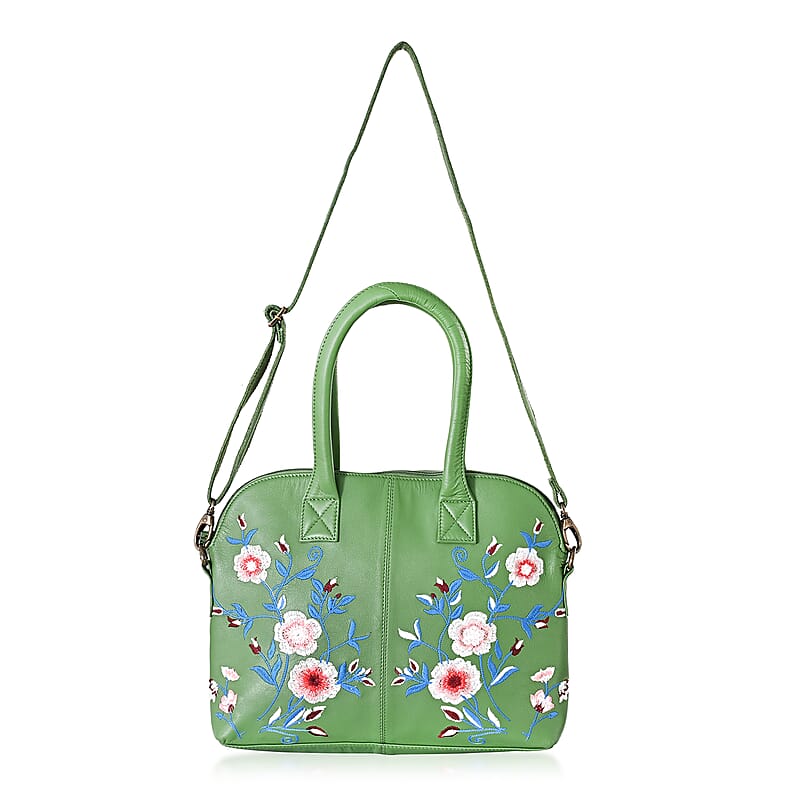 LA Marey Green Genuine Leather Embroidery Work Crossbody Bag