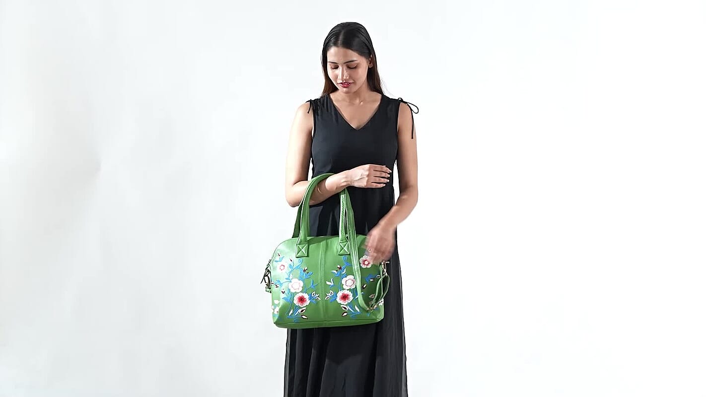 LA Marey Green Genuine Leather Embroidery Work Crossbody Bag with Silk Scarf (13"x11.8"x2.7")