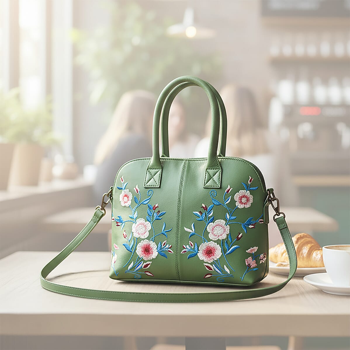 LA Marey Green Genuine Leather Embroidery Work Crossbody Bag with Silk Scarf image number 1