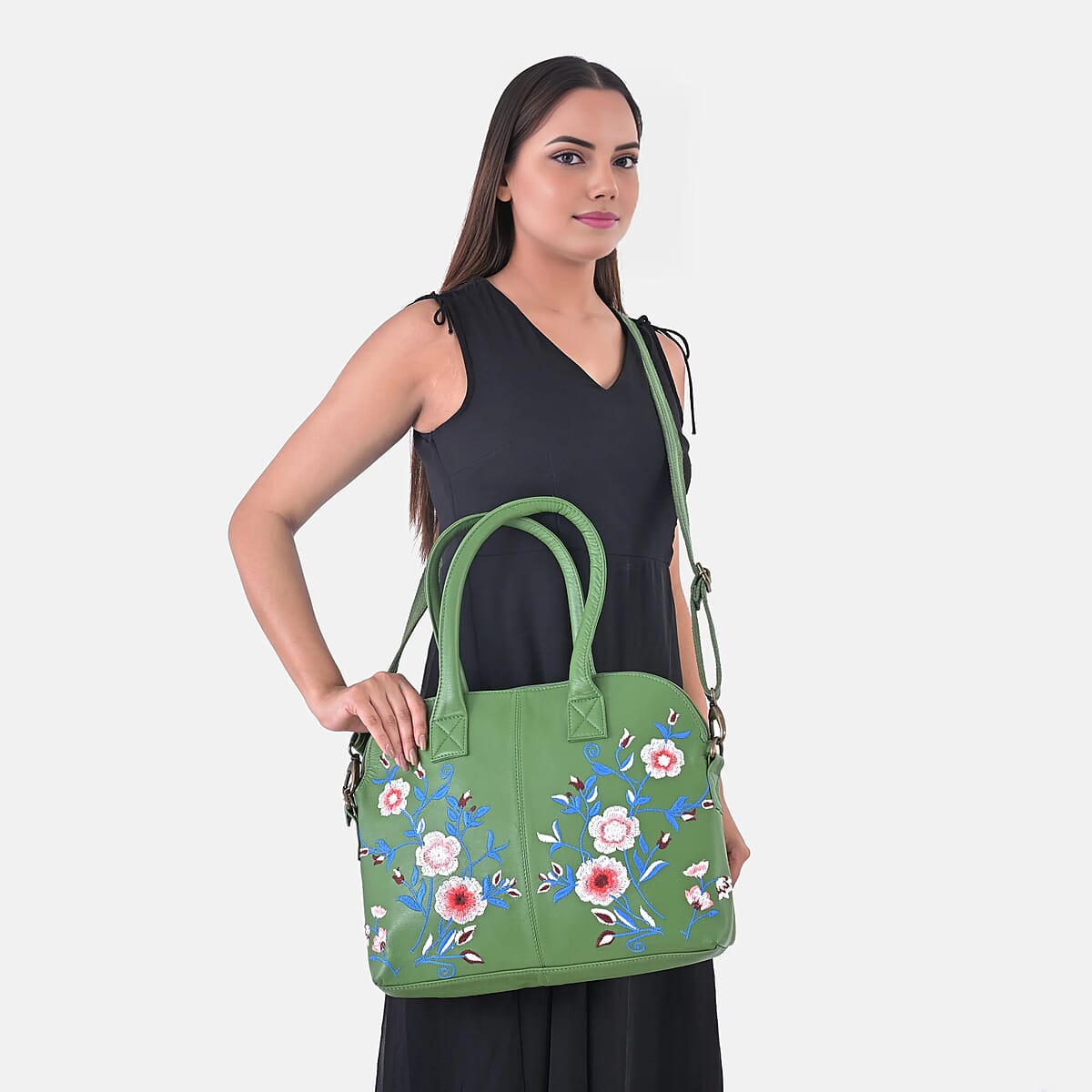 LA Marey Green Genuine Leather Embroidery Work Crossbody Bag with Silk Scarf image number 2