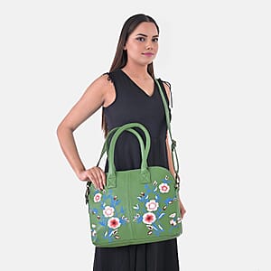 LA Marey Green Genuine Leather Embroidery Work Crossbody Bag with Silk Scarf