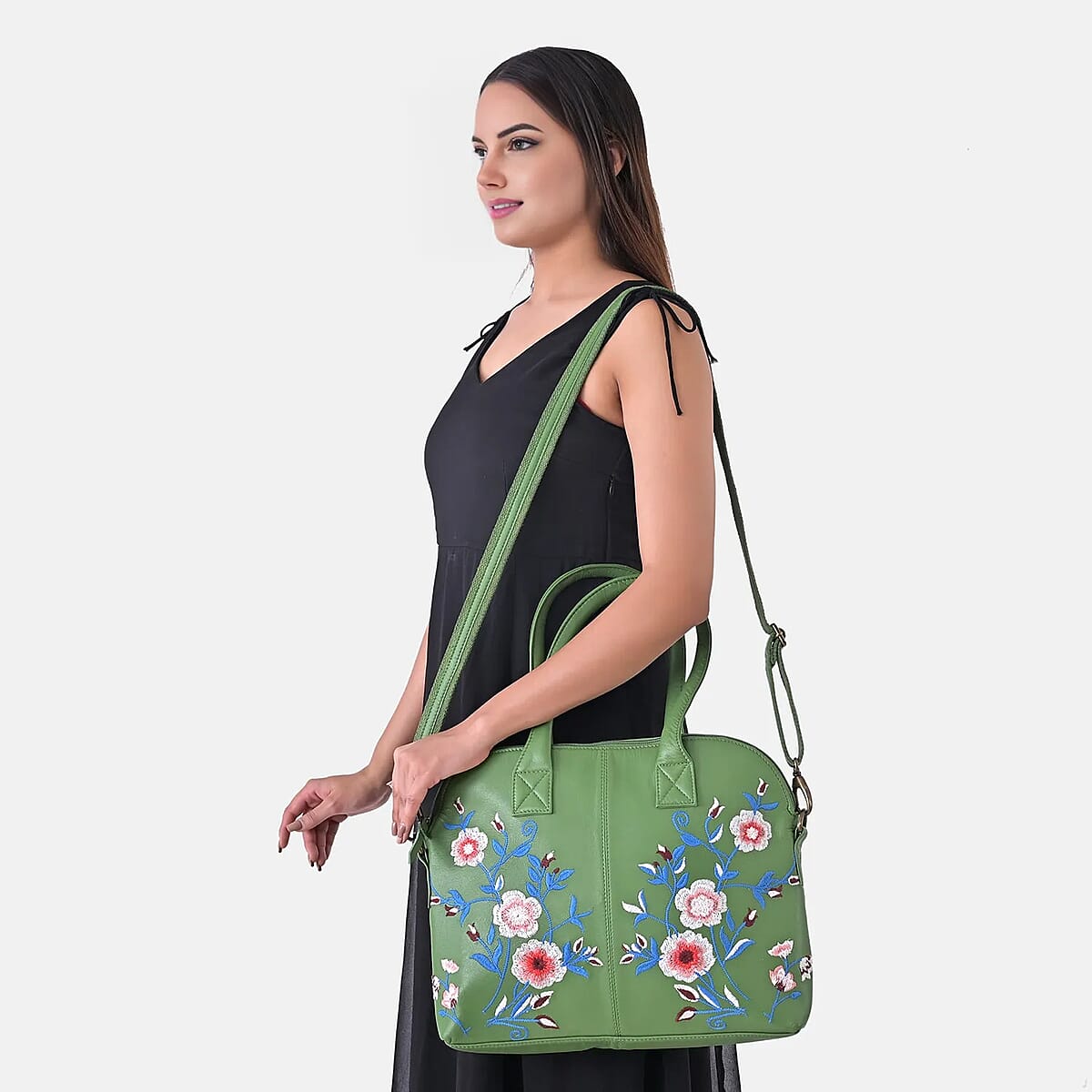 LA Marey Green Genuine Leather Embroidery Work Crossbody Bag with Silk Scarf image number 3
