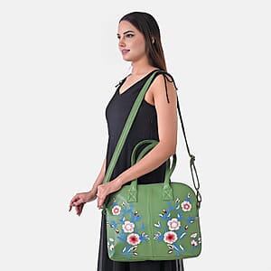 LA Marey Green Genuine Leather Embroidery Work Crossbody Bag with Silk Scarf