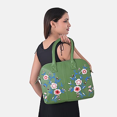 LA Marey Green Genuine Leather Embroidery Work Crossbody Bag