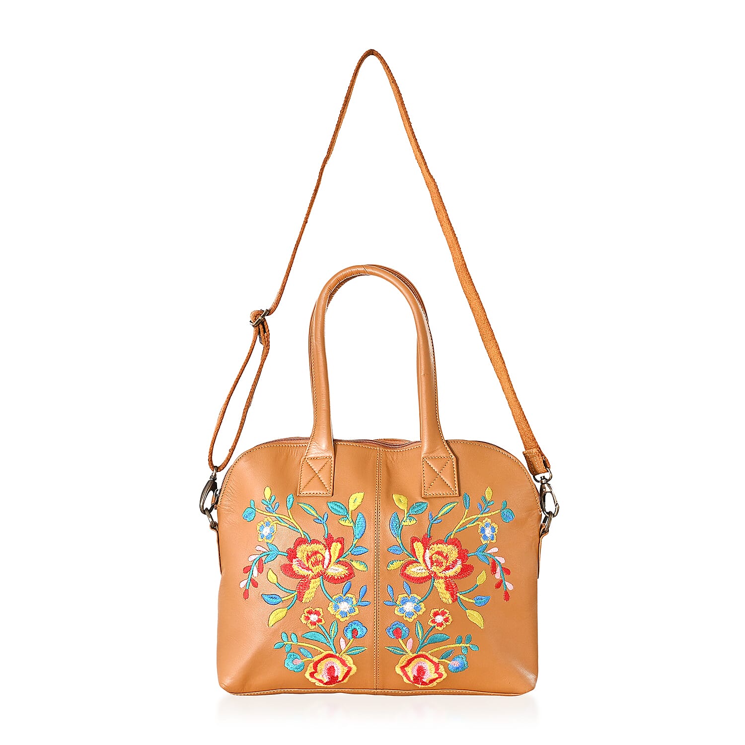 LA Marey Green Genuine Leather Embroidery Work Crossbody Bag with Silk Scarf (13"x11.8"x2.7")