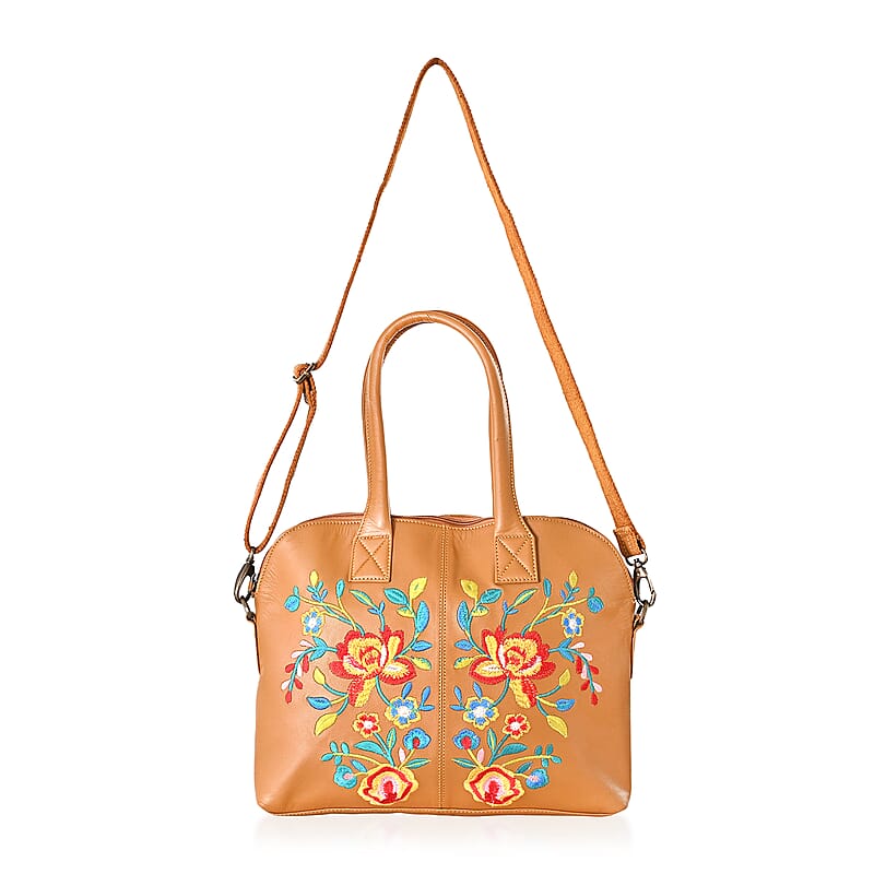 LA Marey Tan Genuine Leather Embroidery Work Crossbody Bag