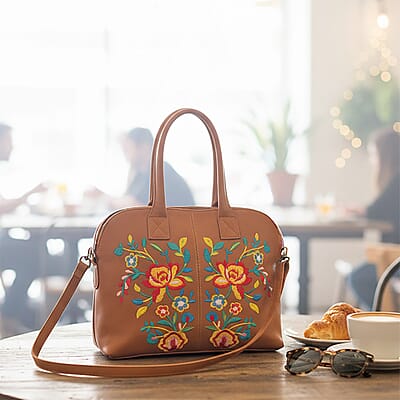 LA Marey Tan Genuine Leather Embroidery Work Crossbody Bag