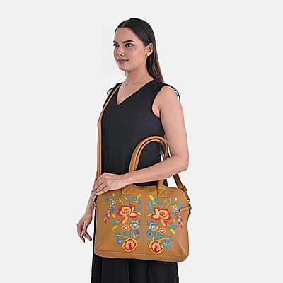 LA Marey Tan Genuine Leather Embroidery Work Crossbody Bag