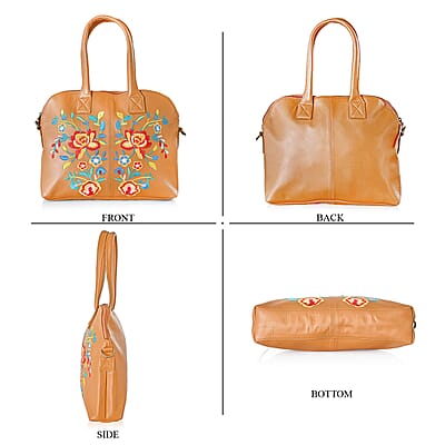 LA Marey Tan Genuine Leather Embroidery Work Crossbody Bag