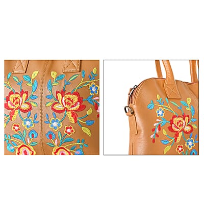 LA Marey Tan Genuine Leather Embroidery Work Crossbody Bag