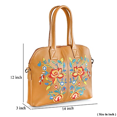 LA Marey Tan Genuine Leather Embroidery Work Crossbody Bag