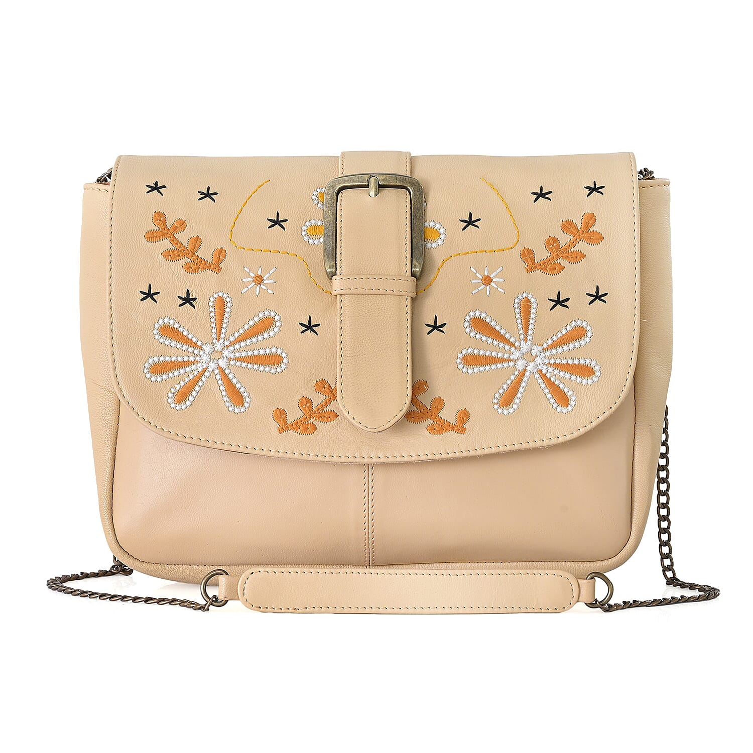 LA Marey Beige Genuine Leather Embroidery Work Crossbody Bag