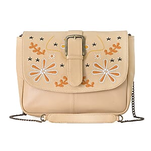 LA Marey Beige Genuine Leather Embroidery Work Crossbody Bag