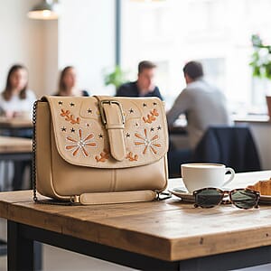 LA Marey Beige Genuine Leather Embroidery Work Crossbody Bag