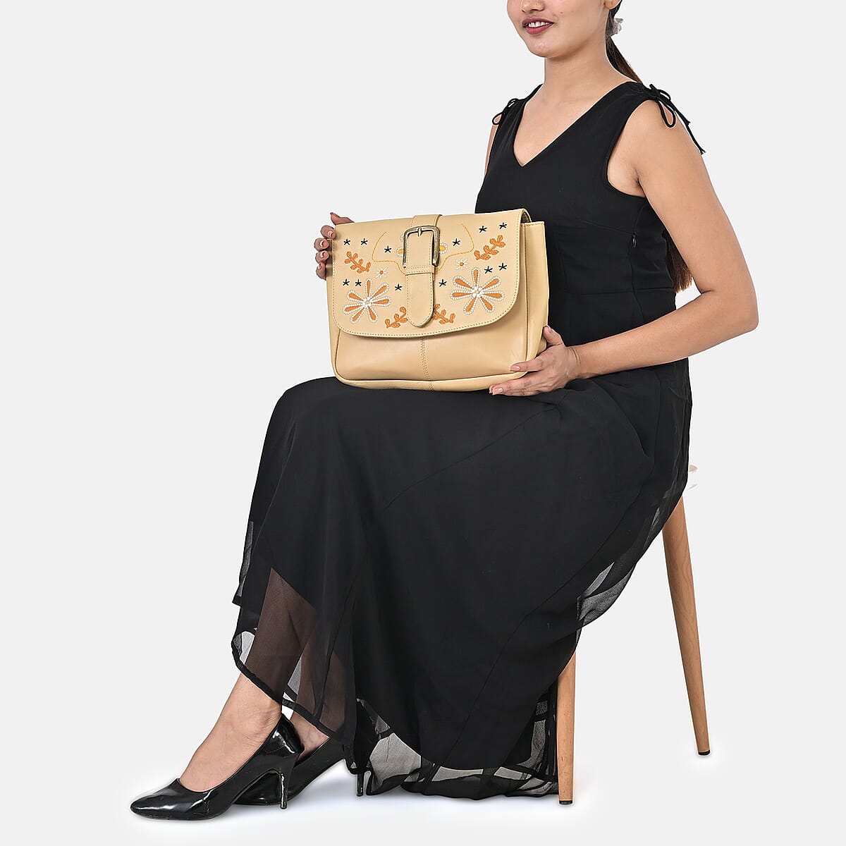 LA Marey Beige Genuine Leather Embroidery Work Crossbody Bag image number 3