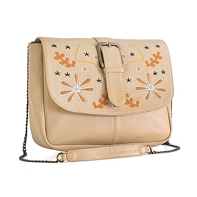 LA Marey Beige Genuine Leather Embroidery Work Crossbody Bag