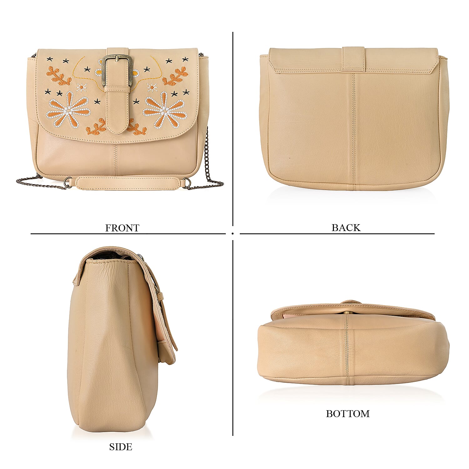 LA Marey Beige Genuine Leather Embroidery Work Crossbody Bag