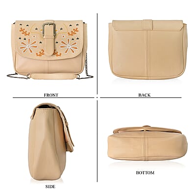 LA Marey Beige Genuine Leather Embroidery Work Crossbody Bag