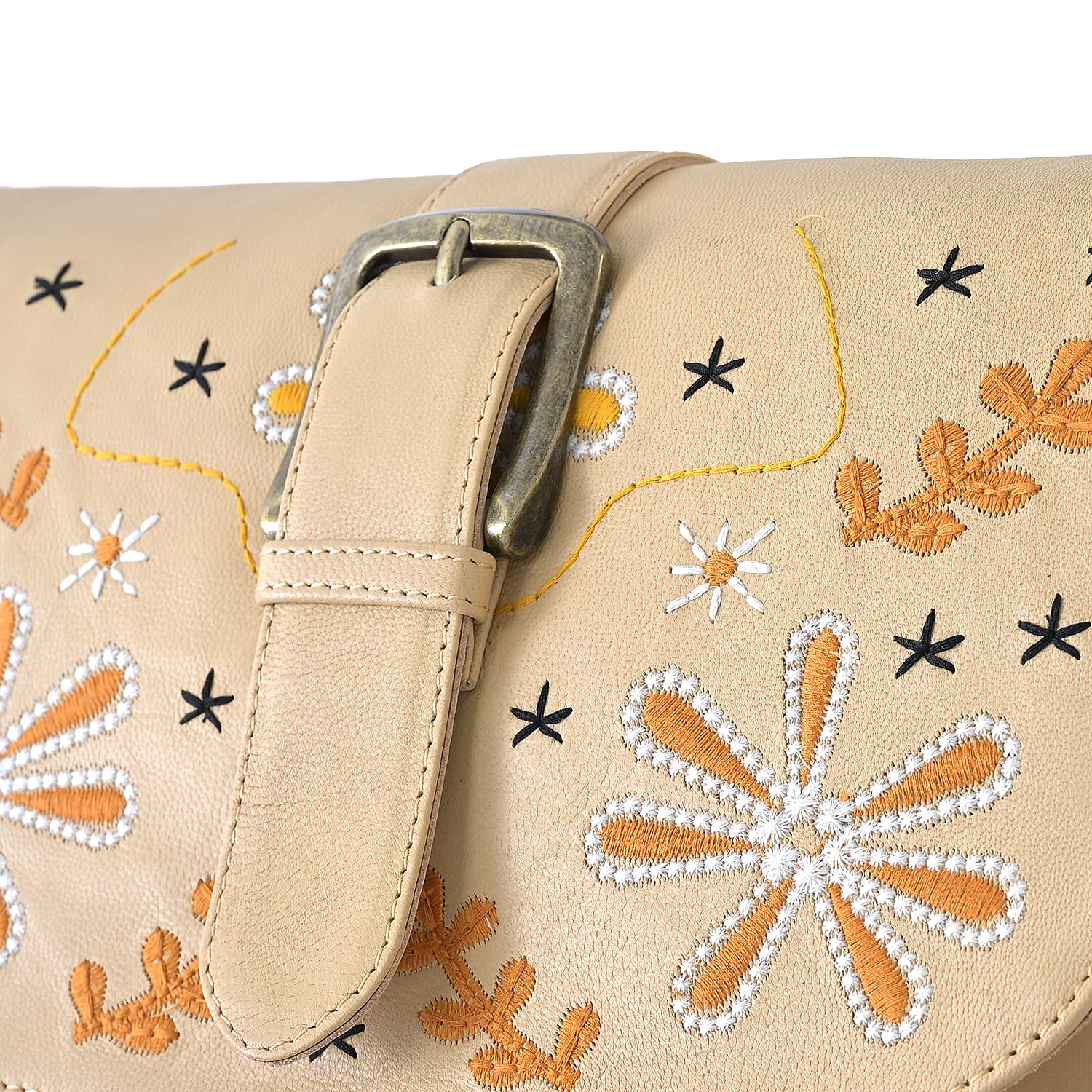 LA Marey Beige Genuine Leather Embroidery Work Crossbody Bag