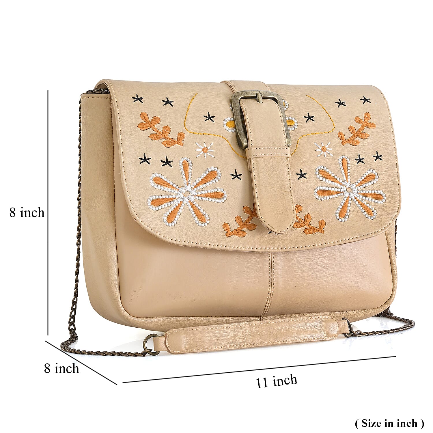 LA Marey Beige Genuine Leather Embroidery Work Crossbody Bag
