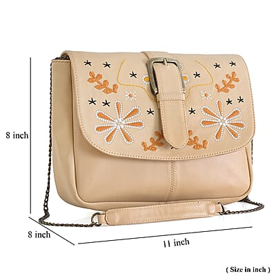 LA Marey Beige Genuine Leather Embroidery Work Crossbody Bag