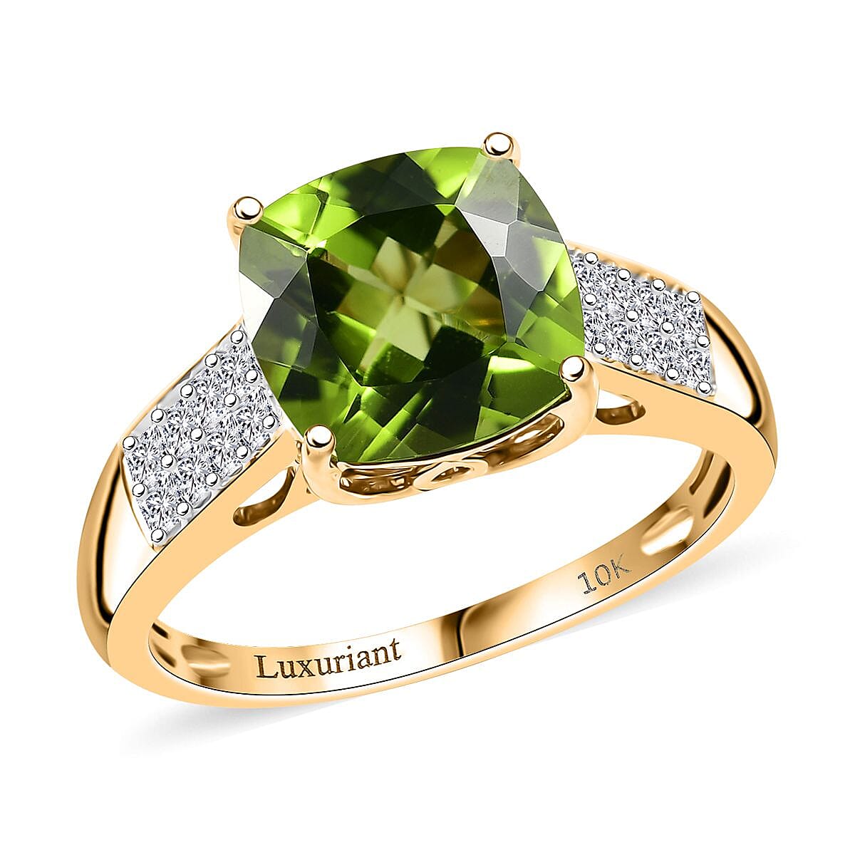 AAA Peridot and G-H SI Luxuriant Lab Grown Diamond 4.62 ctw Ring in 10K Yellow Gold (Size 8.0) image number 0