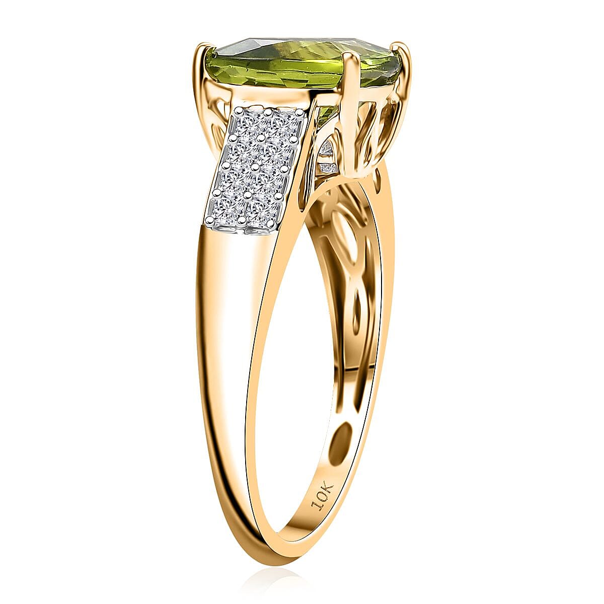 AAA Peridot and G-H SI Luxuriant Lab Grown Diamond 4.62 ctw Ring in 10K Yellow Gold (Size 8.0) image number 3