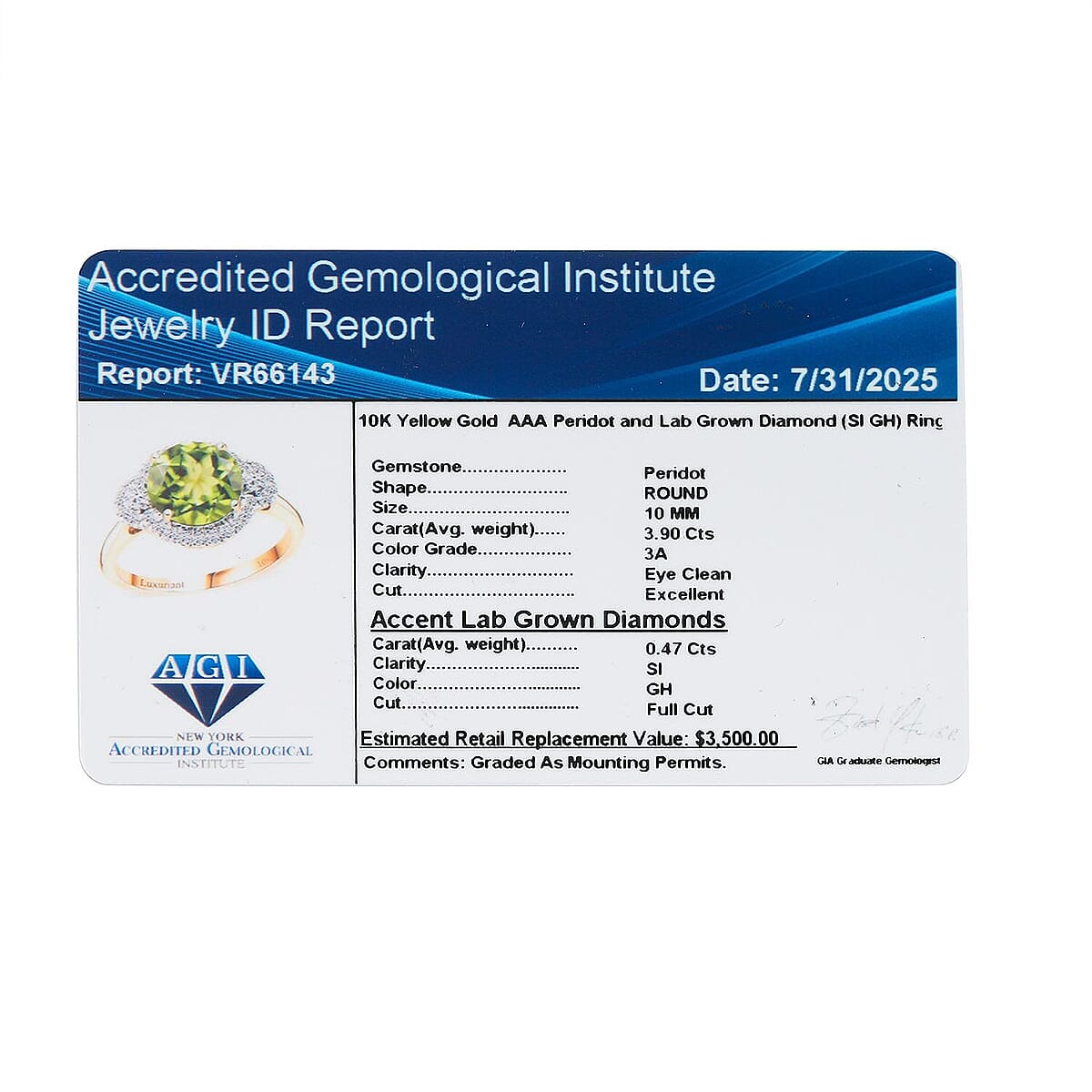 AAA Peridot and Luxuriant Lab Grown Diamond G-H SI 4.35 ctw Ring in 10K Yellow Gold (Size 7.0) image number 9